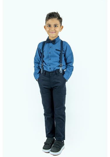 Uzun Pantolon Koyu Desenli Gömlek Erkek Çocuk Takımı İndigo