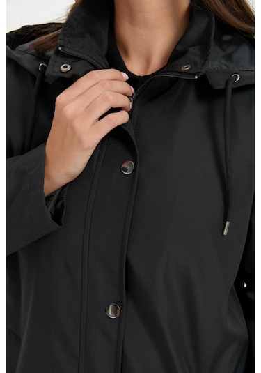 Desen Triko Kadın Kapüşonlu Yan Cepli Kısa Trençkot 24417 Siyah Siyah