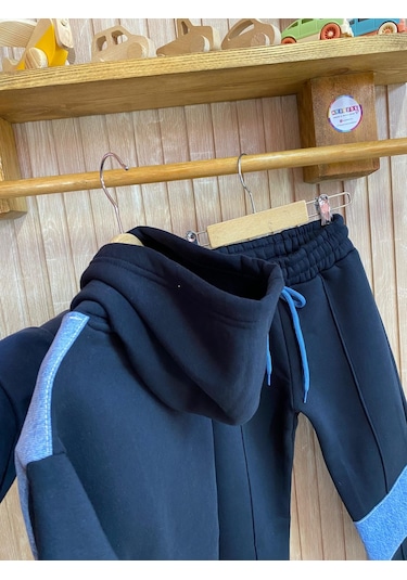 Kot Garnili Çımalı Tarz Kapüşonlu Kız Çocuk Eşofman Takım Siyah