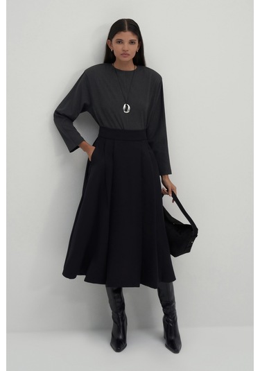 Siyah Volanlı Midi Etek Siyah