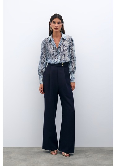 Sateen Bel Detaylı Pantolon - Lacivert