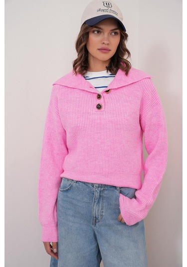 6900 Kadın Düğmeli Devrik Yaka Triko Kazak Pembe Pembe