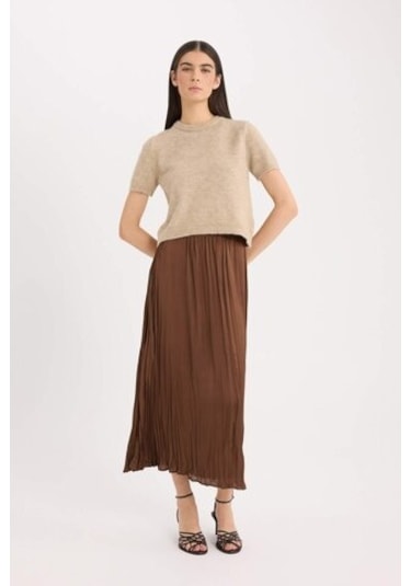 DeFacto A Kesim Yüksek Bel Saten Midi Etek E3348AX24WNBN333 Kahve