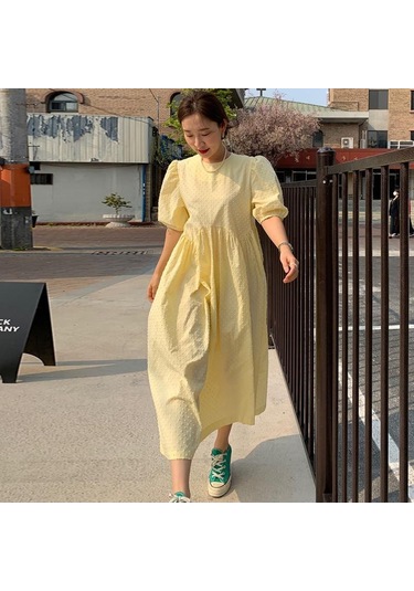 Kadın Uzun Elbise Yaz Rahat O-boyun Puf Kollu Büyük Boy Noktalar Zarif Kadın Elbisesi Bayanlar Gevşek Vestidos Femme Sarı