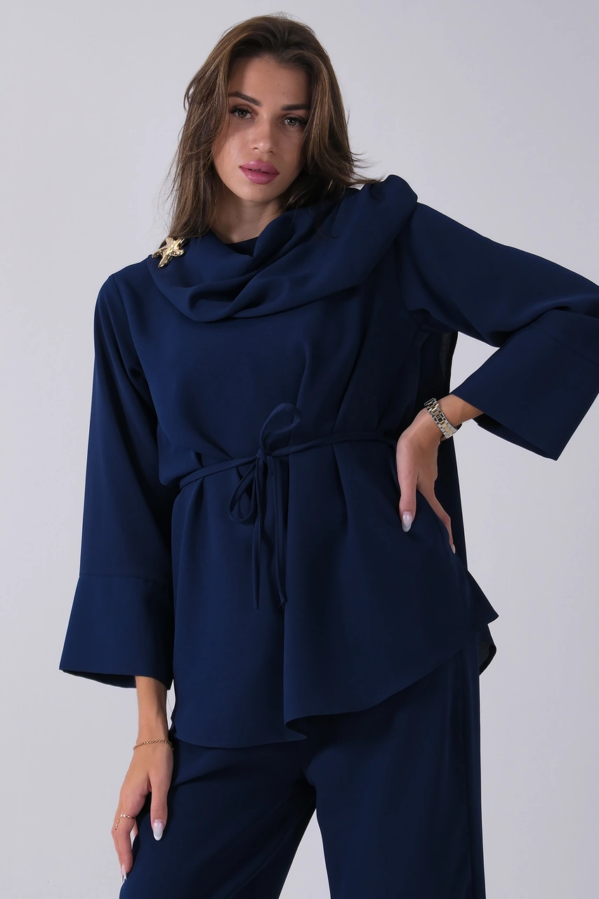 Feminist Lacivert Şal Yaka Üzeri Broş Detaylı Pantolonlu Takım 4592270.02 Lacivert