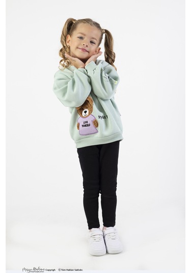 Kız Çocuk Orta Kalınlıkta Baskılı Örme Basic Taytlı Alt Üst Takımı Yeşil