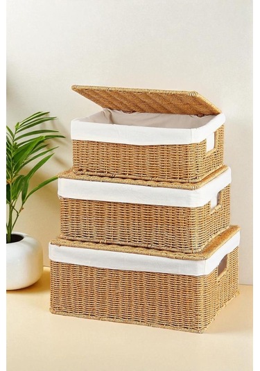 Digithome 3 Lü Kapaklı Hasır Organizer Sepet- 1376 Kahverengi