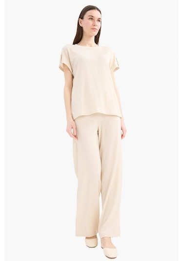 DeFacto 	Bürümcük Pantolon Wide Leg Geniş Bol Paça Esnek Belli C0200AX25SPBG286