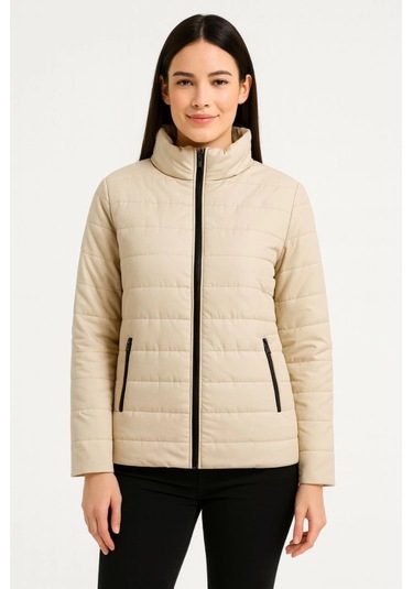 Bomber Mont Ceket Su İtici Kumaş, Kapitone Astarlı, Fermuarlı, Kışlık - Bej Bej