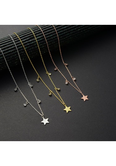 Queen Silver Jewelry 925 Ayar Gümüş Yıldız Objeli Sirkon Taş Sallantılı Kolye Altın
