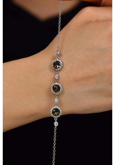 Zultanit Taşlı Rodyum Yuvarlak Üç Sıra Anturaj Gümüş Bileklik