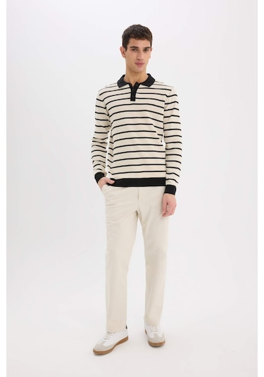 DeFacto Standart Fit Polo Yaka Çizgili Triko Kazak	 E7604AX24WNBK27
