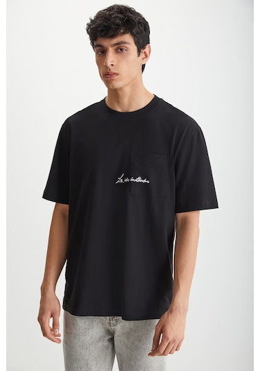 Kravın Erkek %100 Pamuk Bisiklet Yaka Baskılı Siyah T-shirt