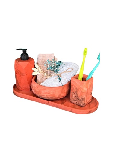 4'lü Terracotta Serisi Mermer Desenli Beton Banyo Seti Tuvalet Wc Sıvı Sabunluk Diş Fırçalığı Takım Kahverengi