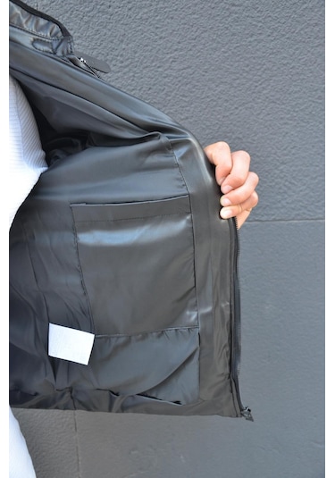 Prifaldi Erkek Dik Yaka Şişme Deri Mont Siyah 001