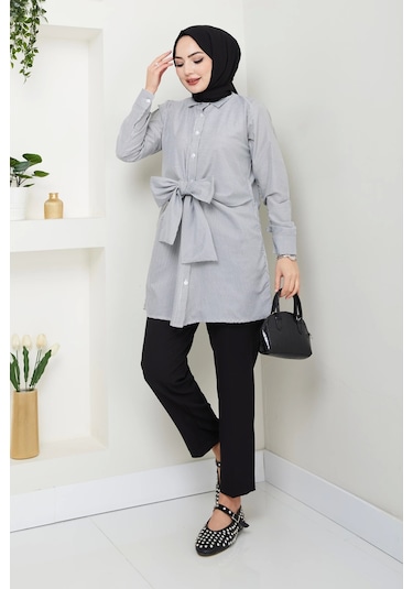 Çizgili Poplin Bağlamalı Gömlek - Siyah / Ü103 Siyah