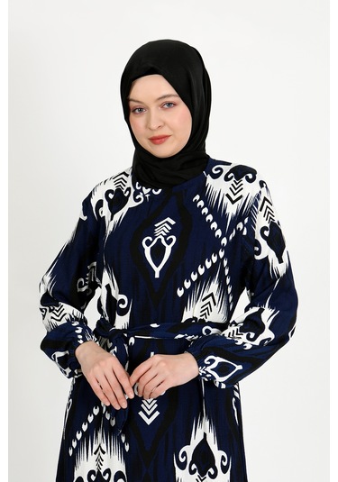 Desenli Bürümcük Elbise Mavi