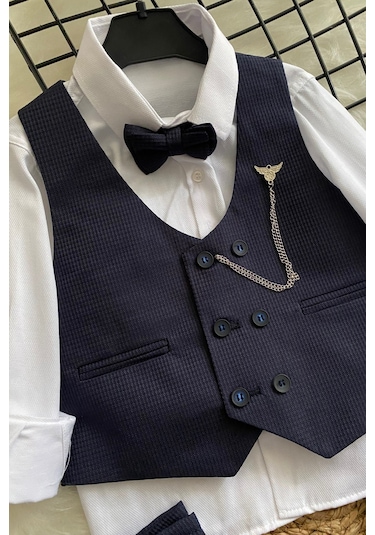 Matrix Yelekli Zincirli Erkek Çocuk Takım Elbise Lacivert