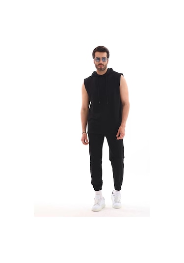 Array Unisex Kapşonlu Kolsuz Eşofman Takımı- Siyah 001
