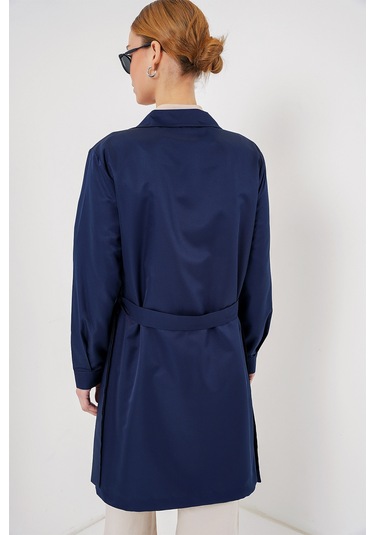 5864 Kruvaze Yaka Kısa Trençkot - Lacivert Lacivert