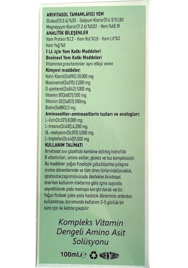 Zurich Arivitasol Evcil Hayvanlar İçin Kompleks Vitamin Dengeli Aminoasit Solüsyonu 100 ML