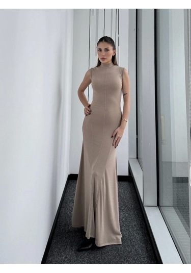 Kolsuz Yarım Bogazlı Uzun Elbise- Bej BEJ