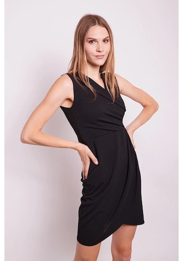 Kruvaze Anvelop Önü Büzgülü Şal Yakalı Kolsuz Likralı Krep Kumaş Elbise-siyah Siyah