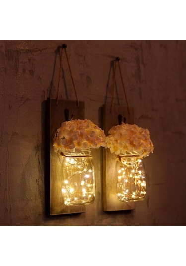 Cajuart Dekoratif İkili Kavanoz Yapay Çiçek Peri Led I Aplik Sarı