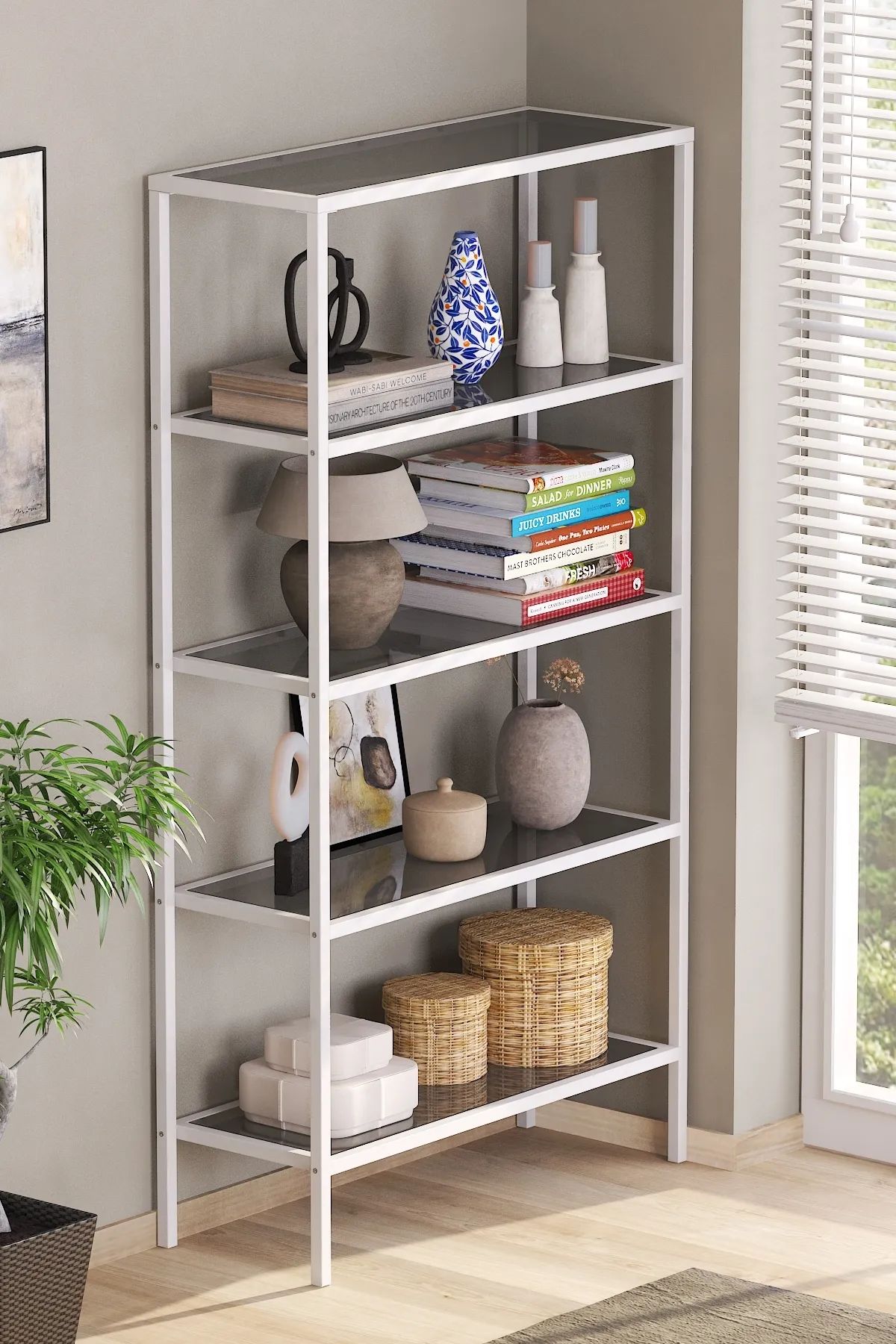 Modern 5 Katlı Metal İskeletli Cam Raflı Aksesuar Rafı Kitaplık Beyaz-füme Modern 5 Katlı Metal İskeletli Cam Raflı Aksesuar Rafı Kitaplık Beyaz-füme