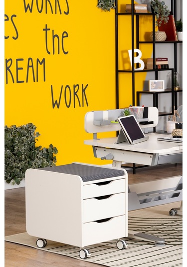 Creo Mobili Çekmeceli Tekerlekli Sirius Keson, Oturulabilir Ofis Ve Ev Komodini, Ekru/gri