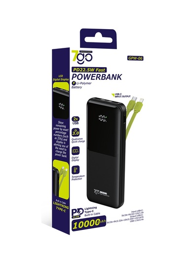 7go Gpw-06 10000mah Pd22.5w Hızlı Şarj Powerbank Siyah Dahili Type-c & Lightning Kablo Dijital E Siyah