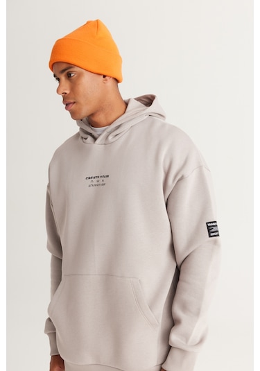 AC&Co / Altınyıldız Classics Erkek Acık Grı Oversize Fit Bol Kesim Kapüşonlu İçi Polarlı Pamuklu Sweatshirt Açık Gri