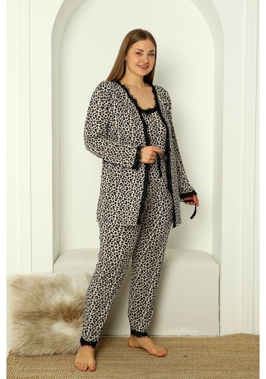 Sabahlıklı Dantel Detaylı Pegasus Kadın Pijama Takımı-çeyizlik Takım- Geniş Beden Aralığı Leopar