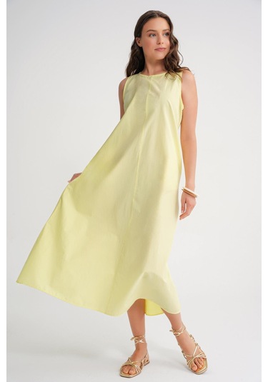 4690 Kadın Bisiklet Yaka Sıfır Kol Midi Paraşüt Elbise Sarı Sarı