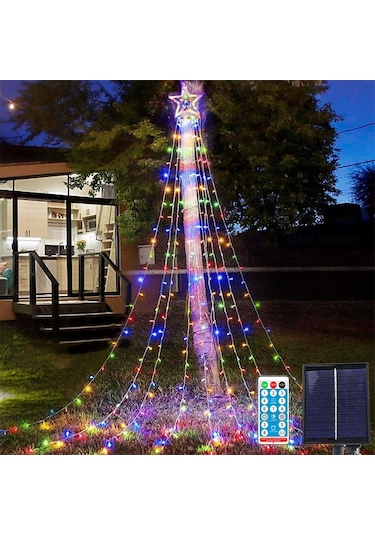 Rgb Tepe Yıldızlı Güneş Enerjili Yılbaşı Led Işığı, Kumanda Ve Animasyonlu Noel Ağaç Duvar Işığı Renkli