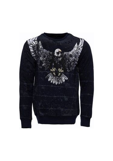 Lacivert Taşlı Desenli Sweatshirt - Wessi Siyah