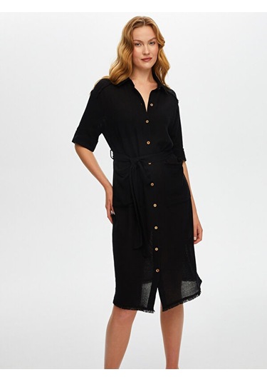 Püskül Şerit Detaylı Kendinden Dokulu Elbise S25elb037 Us25elb03710 Siyah