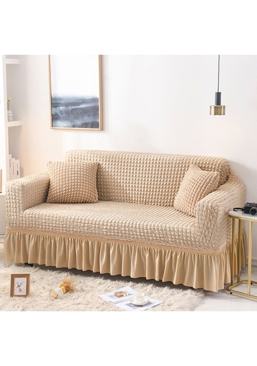 Oturma Odası Streç Tam Kapatma Etek Tarzı Kanepe Kılıfı, Beden: Çift Kişilik M 145-185cm Tek Renk Bej Bej