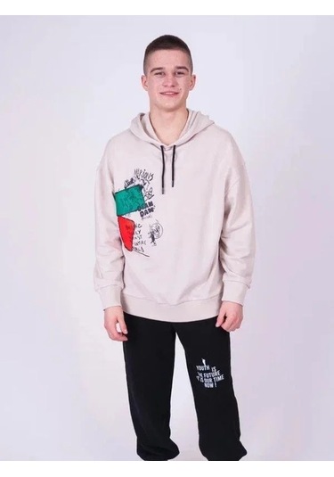 Çocuk Family World Yazıılı Kapüşonlu Sweatshirt-13545 Ekru
