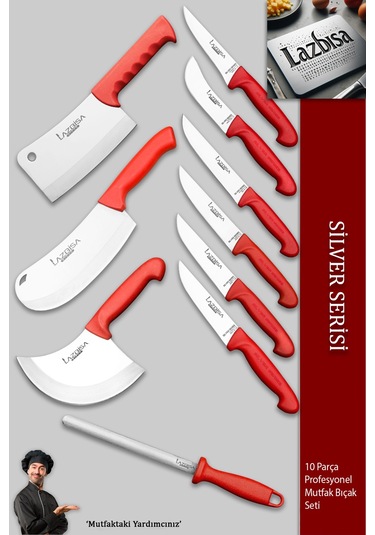 Lazbisa MFP-001 Silver Pro Serisi Mutfak Bıçak Seti 10 Parça Et Ekmek Sebze Soğan Börek Bıçağı Satırı Kırmızı