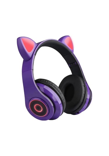 Mor Işıklı Kedi Kulaklı Bluetooth 5.0 Kulaklık - Mikrofonlu, Aux/tf Kart Desteği, Kablosuz Müzik Ve Konuşma