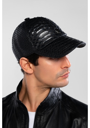 Tamer Tanca Erkek Hakiki Deri Siyah Yılan Baskı Şapka 524 Yln Sapka Sk20-21 Syh Yln Baskı Siyah