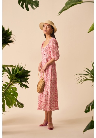 Düğme Detaylı Midi Elbise Beyaz