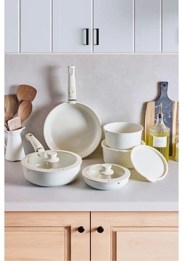 Beta 15 Parça Seramik Döküm Tencere Tava Seti Beige 17649 Bej