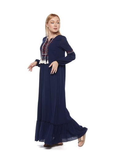 Şile Bezi Lacivert Uzun Kollu Püsküllü Elbise