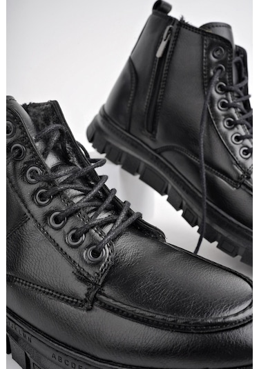 Muggo Gilberto Garantili Fermuarlı Bağcıklı Kürklü Hafif Taban Erkek Bot Siyah