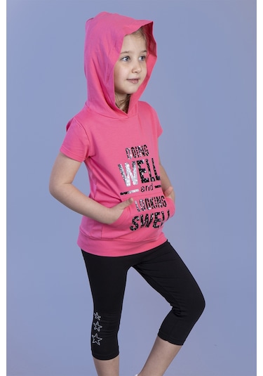 Toontoy Kız Çocuk Parlak Baskılı Kapüşonlu Kaprili Takım Kırmızı