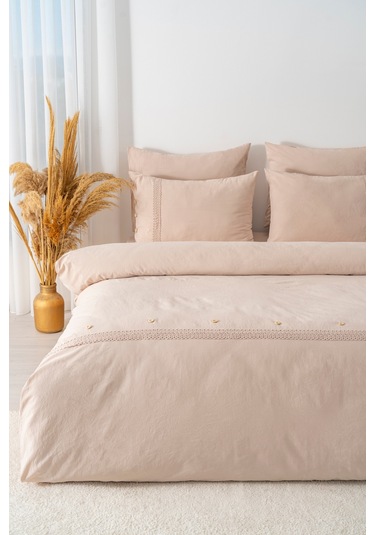 Grace Vizon Güpürlü Çift Kişilik %100 Pamuklu Nevresim Seti - 6 Parça Çeyiz Seti Vizon