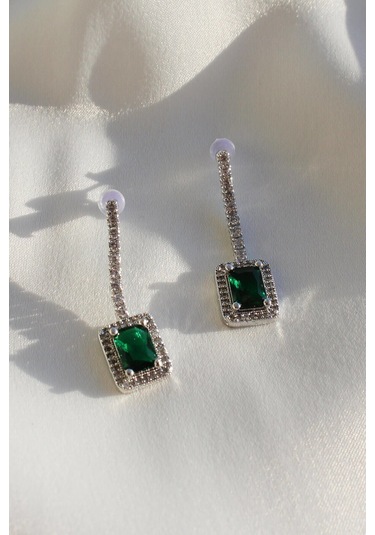 Niki Aksesuar Diamond Model Yeşil Taşlı Küpe Koyu Yeşil
