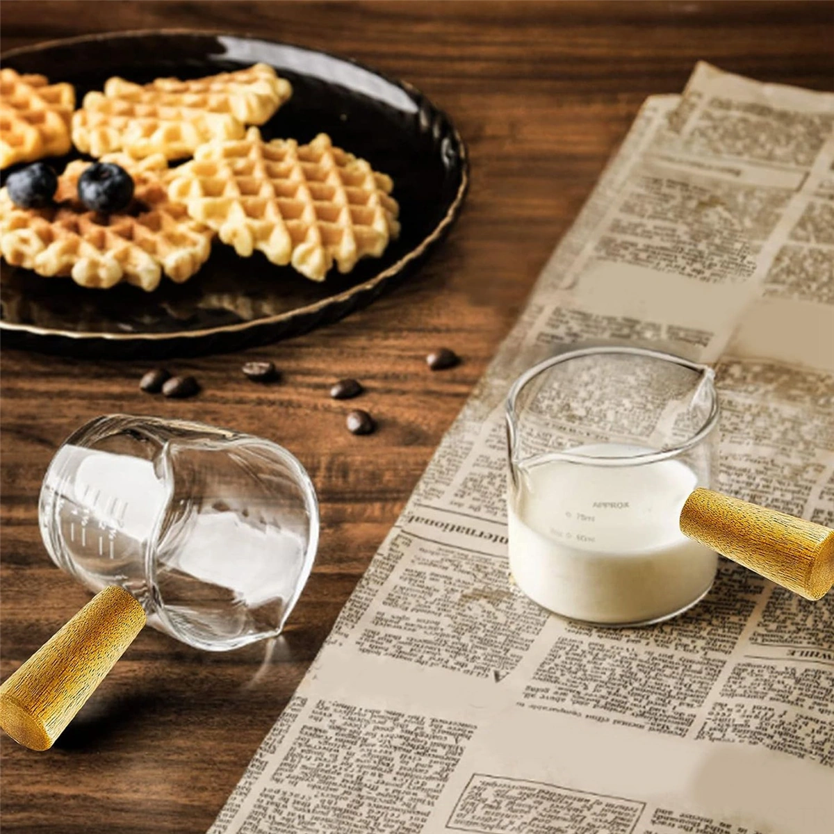 Yunboo 75 Ml Cam + Ahşap İki Ağızlı Espresso Ölçü Bardağı, Isı Yalıtımı Ahşap Saplı, Dökülmeyen, Net Ölçekli 2 Adet Şeffaf